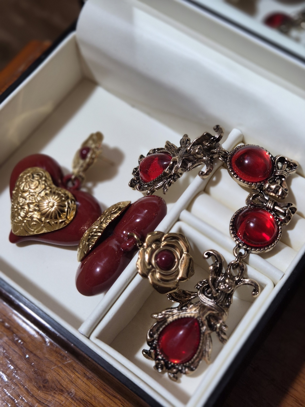 Red Heart Drop Earrings with Gold Accents - Designer Style